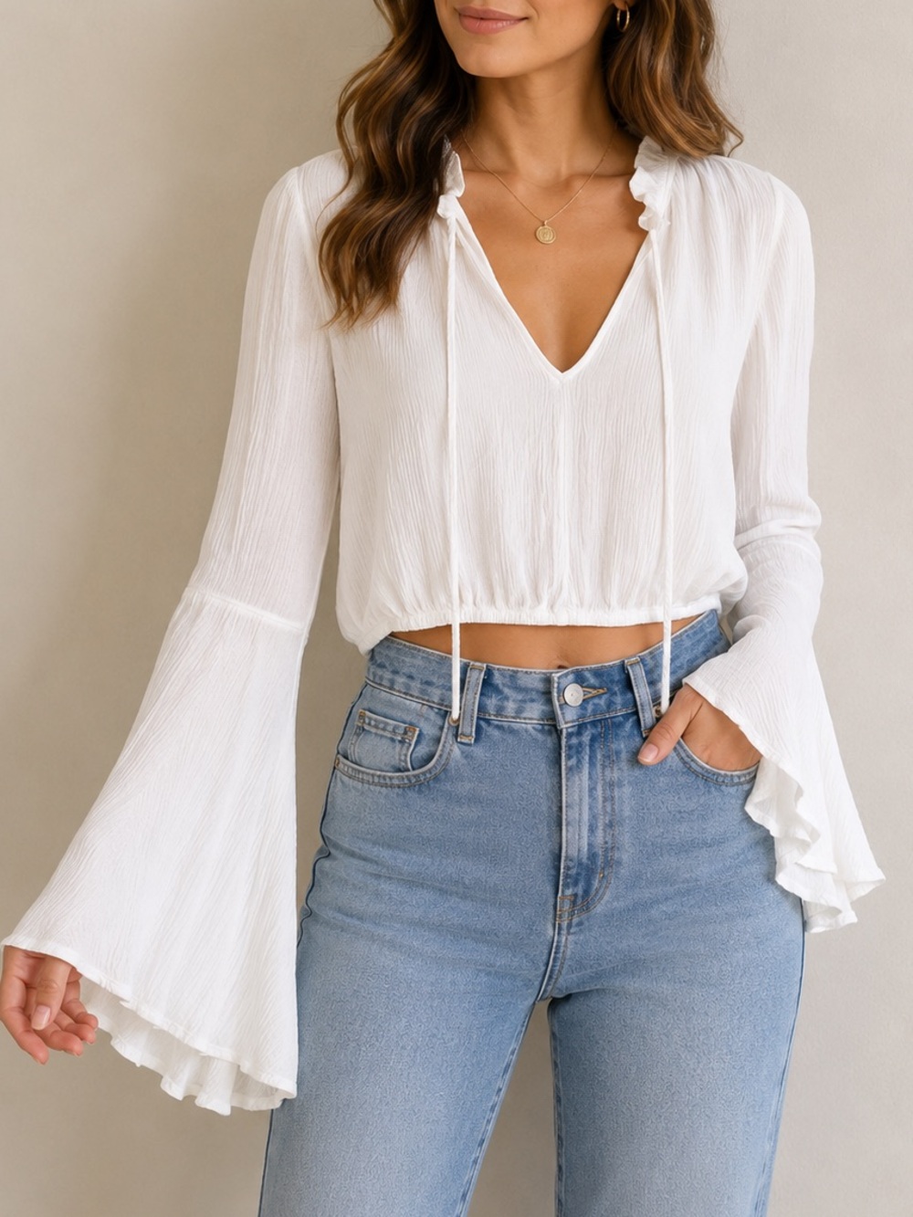 Chloe & Katie Boho White Flare Sleeve V-Neck Crop Top XS